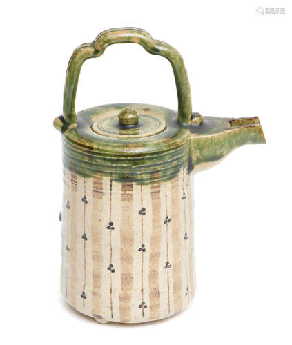 A Japanese oribe-ware cylindrical teapot with handle