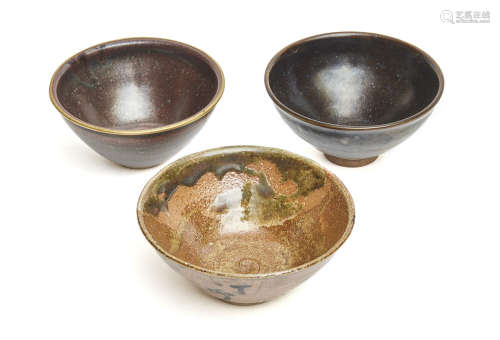 Set of three stoneware Japanese tea bowls for powder tea (chawan)