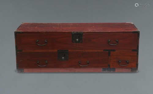 A Japanese red-brown transparent shunkei-lacquered Japanese cypress (hinoki) wooden sword chest