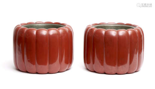 Set of two Japanese cinnabar-red lacquer chrysanthemum (kiku) shaped wooden braziers (hibachi)