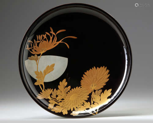 A Japanese lacquer plaque with Kiku flowers and the moon