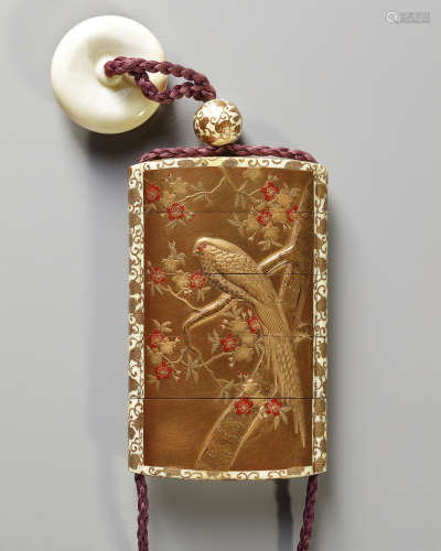 A Japanese ivory lacquer inro in original box