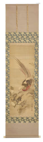 A Japanese hanging scroll with a polychrome painting of a pheasant