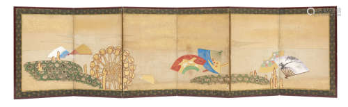 A small Japanese six-panel Byobu screen depicting a water wheel and various folding fans