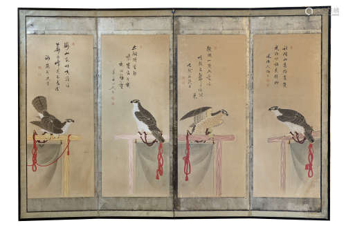 A Japanese four-panel Byobu screen depicting hawks