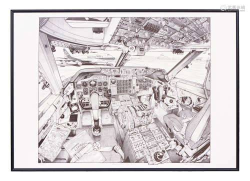 A print in a frame of the interior of the cockpit of a Boeing 747