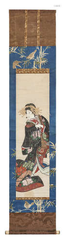 A Japanese hanging scroll with a polychrome anonymous painting of a geisha