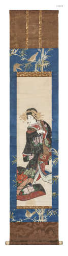 A Japanese hanging scroll with a polychrome anonymous painting of a geisha