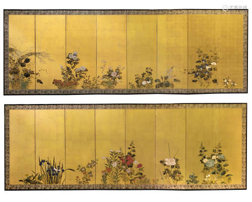 A pair of Japanese eight-panel Byobu screens