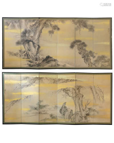 A pair of Japanese six-panel Byobu screens