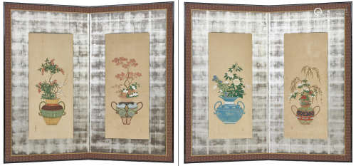 A pair of Japanese two-panel Byobu screens