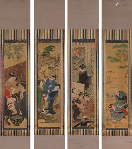 A set of four Japanese scrolls depicting the four seasons.