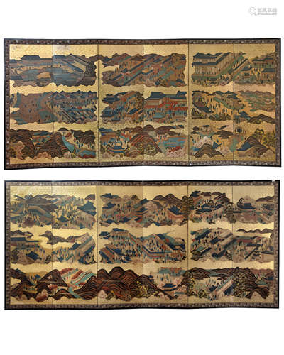 A pair of Japanese six-panel Byobu screens