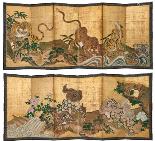 A rare set of two Japanese six-panel Byobu screens