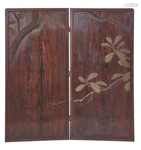 A wooden Japanese two-panel Byobu screen