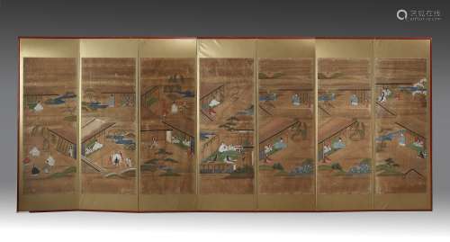 A Japanese six-panel Byobu screens with scenes from the tale of Genji