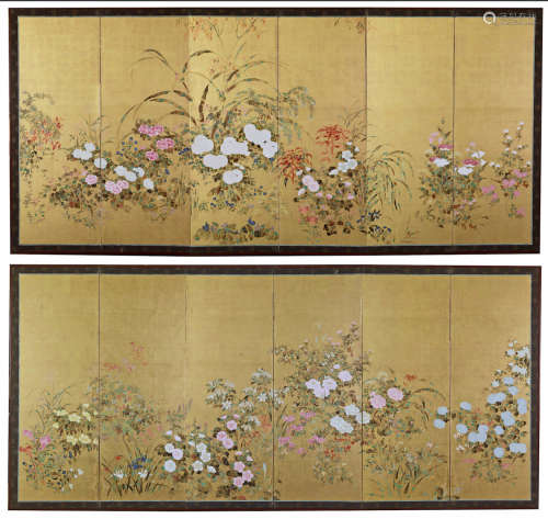 A set of two Japanese six-panel Byobu screens with flowers and foliage.