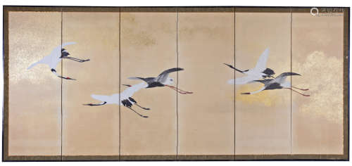 A Japanese six-panel Byobu decorated with cranes