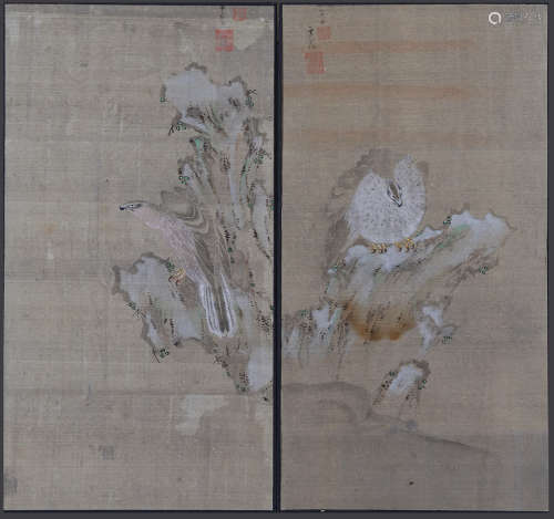 A pair of Japanese framed paintings depicting hawks