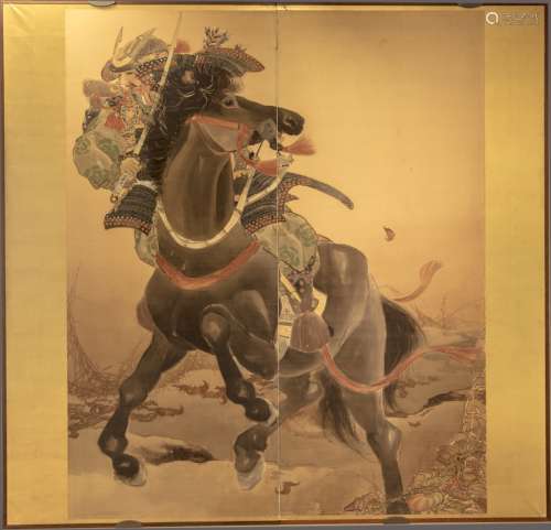 A Japanese two-panel Byobu screen depicting a Samura on a horsei