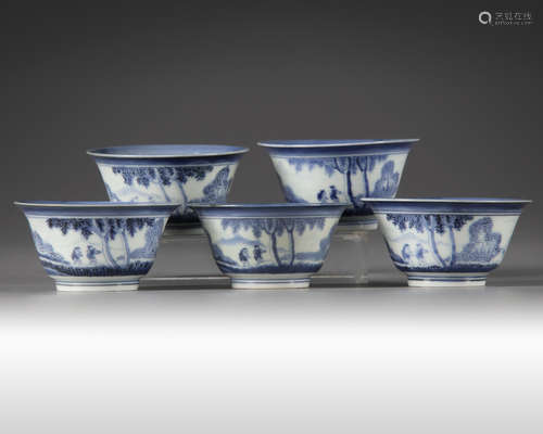 A set of five Japanese blue and white cups