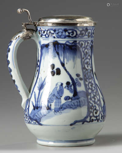 A Japanese blue and white jug with silver cover