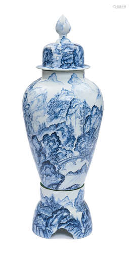 A very large Japanese blue-and-white (somezuke) Arita baluster vase (jinkōtsubo) on a separate stand