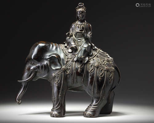 A large Japanese bronze figure of Kannon on an elephant