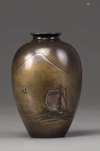 A silver inlaid Japanese bronze vase