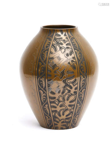 A tall Japanese gold-brown patinated bronze vase