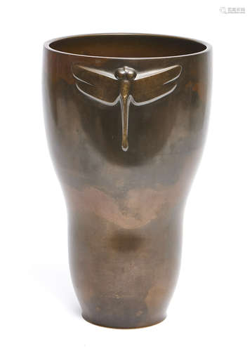 An exceptional and tall Japanese bronze vase widening towards the top