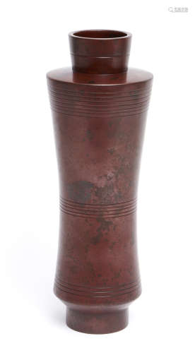 A tall Japanese red-brown cylindrical bronze vase