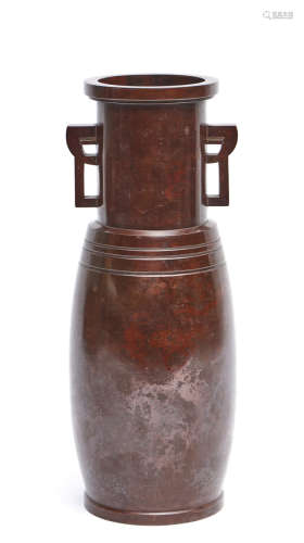 A tall Japanese shining dark red-brown bronze vase