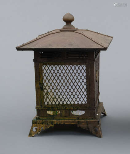 A Japanese square standing bronze temple lamp