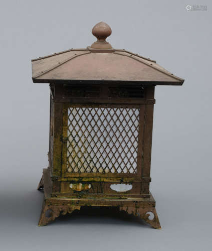 A square standing bronze Japanese temple lamp