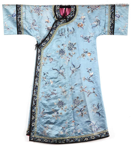 A Chinese pale blue ground embroidered lady's informal robe