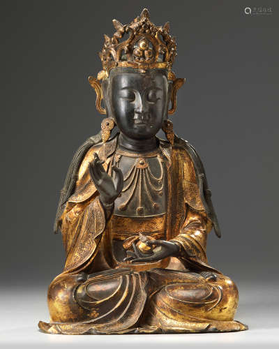 A Chinese gilt lacquered bronze figure of Guanyin