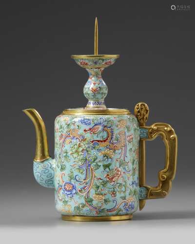 A Chinese Beijing-enamel turquoise-ground 'phoenix and peony' teapot