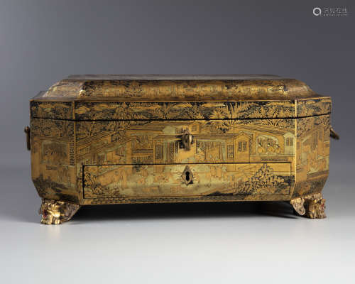 A Chinese gilt and black lacquered box and cover