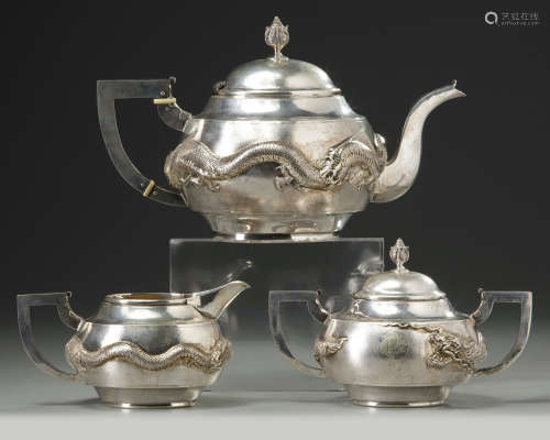 A Chinese export silver three-piece tea set