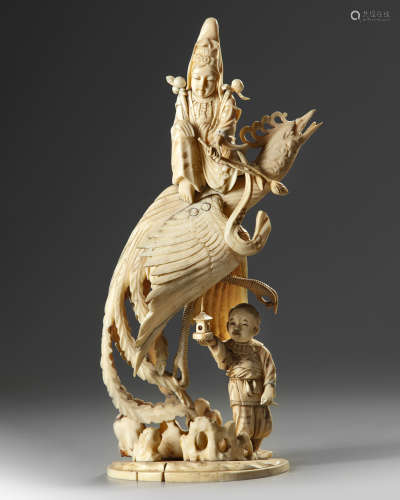 A Chinese ivory carving of a Guanyin on a phoenix