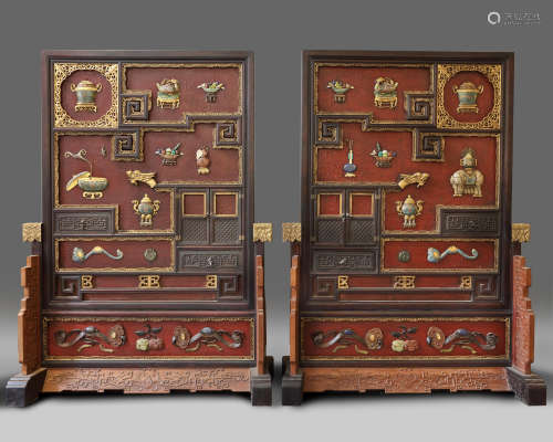 A pair of exceptional large Chinese precious object-inlaid screens