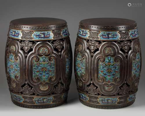 A pair of Chinese cloisonné enamel-inset zitan garden seats