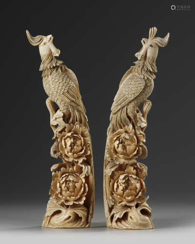 A pair of Chinese ivory phoenix