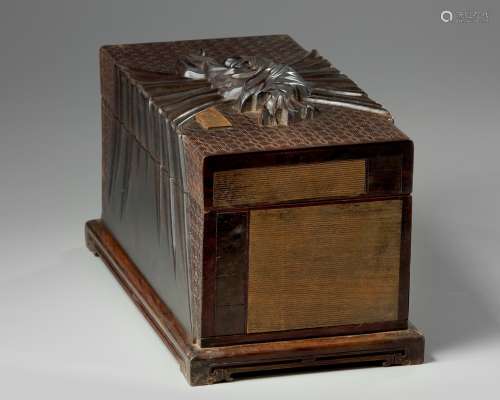 A Chinese zitan, hongmu, and softwood-inlaid book-shaped box and cover
