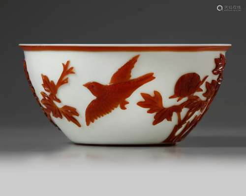 A Chinese carved overlay glass 'bird and flowers' bowl