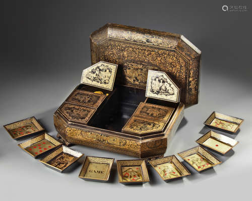 A Chinese export gilt lacquered games box