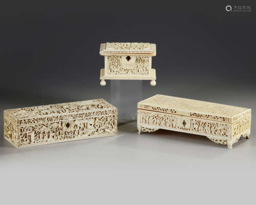 A group of three Cantonese carved ivory boxes