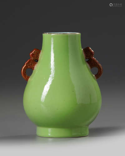 A small Chinese lime green-ground hu-vase