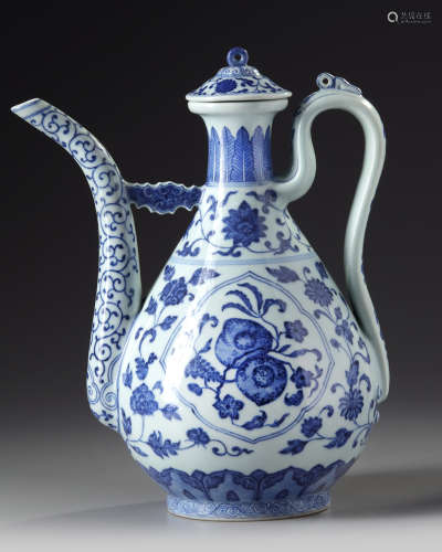 A Chinese Ming-style blue and white ewer and cover